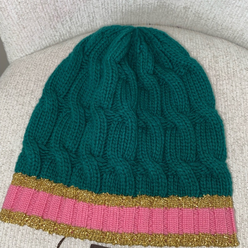 Gucci Teal Knit Beanie with Pink and Gold Accents
